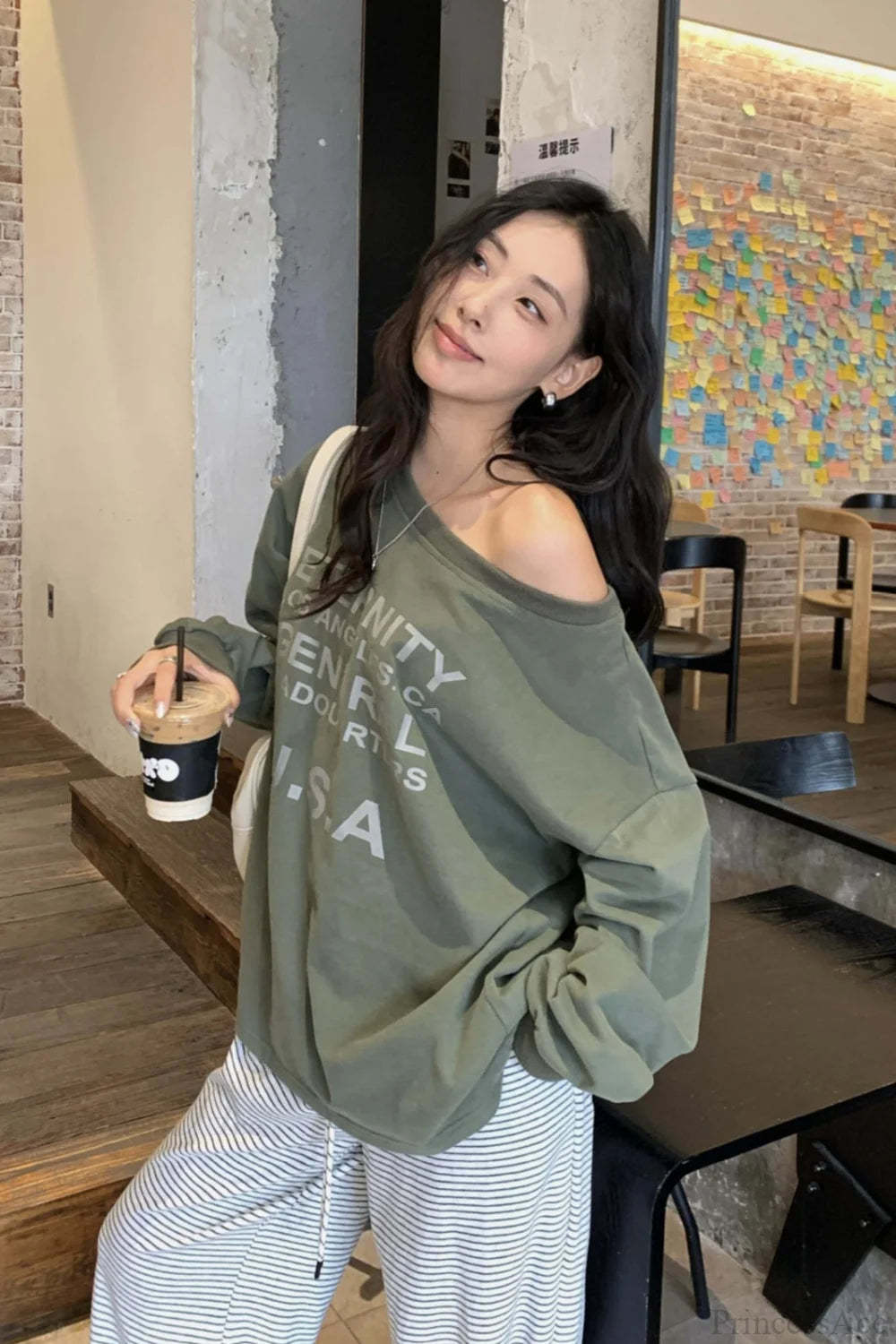 Off-Shoulder Graphic Letter Relaxed Sweatshirt Green / One size