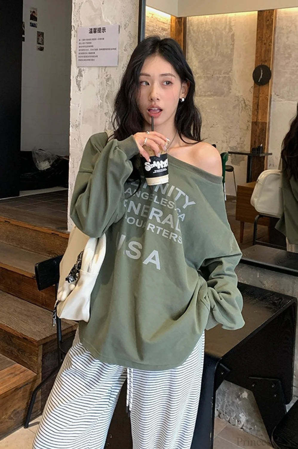 Off-Shoulder Graphic Letter Relaxed Sweatshirt Green / One size