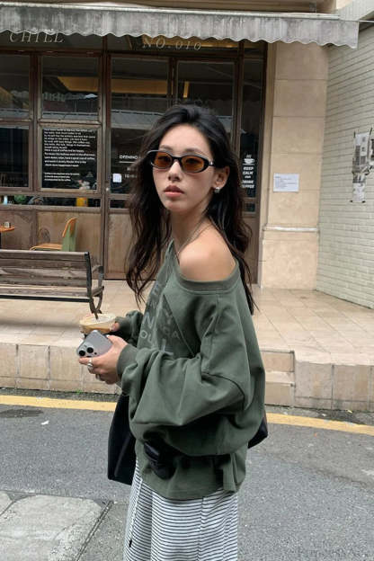 Off-Shoulder Graphic Letter Relaxed Sweatshirt Green / One size