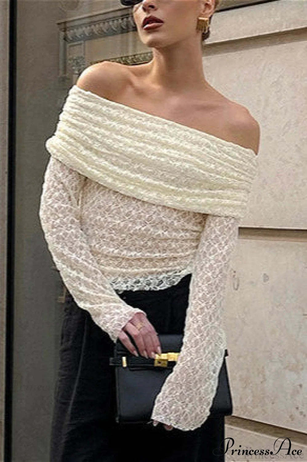 Off Shoulder Jacquard Knit Slim Long Sleeve Tee