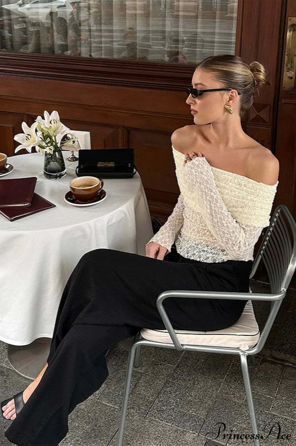 Off Shoulder Jacquard Knit Slim Long Sleeve Tee Apricot / S