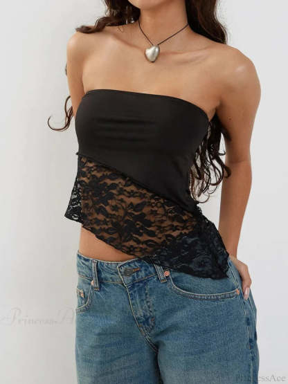 Off Shoulder Lace Floral Crop Top Black / S