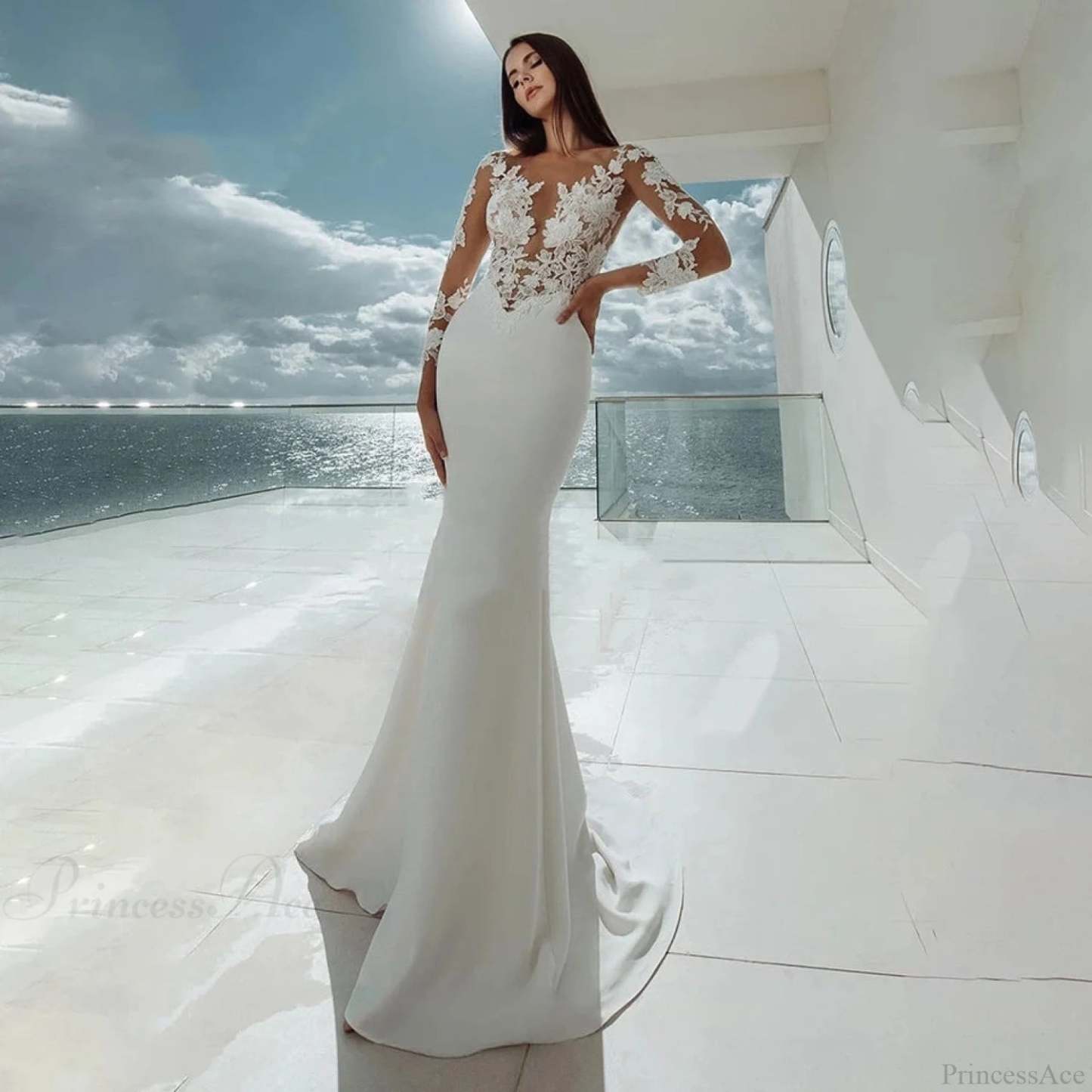 Off-Shoulder Princess Tail Wedding Dress lvory white / 2 weddingdress-250223