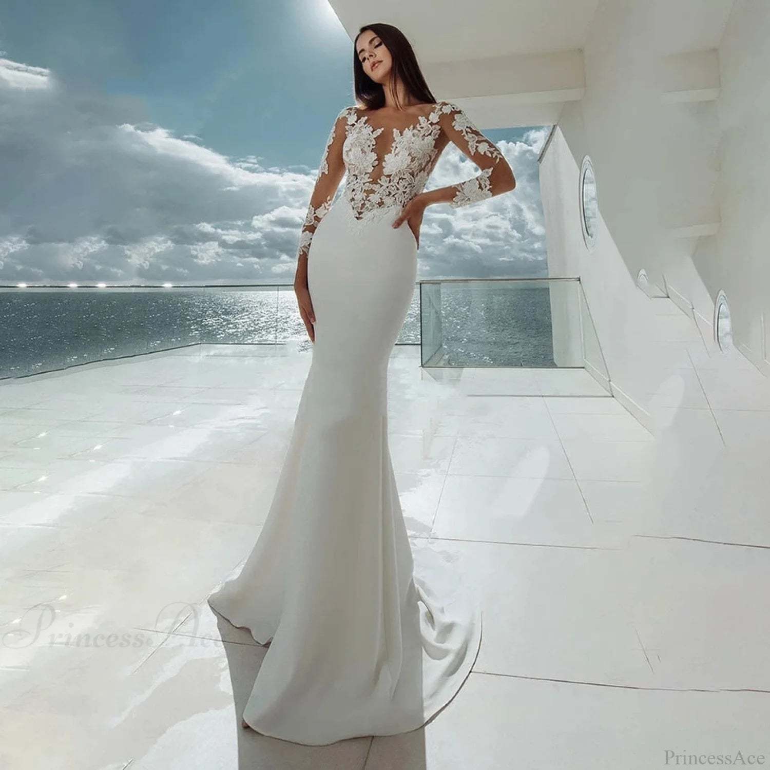 Off-Shoulder Princess Tail Wedding Dress lvory white / 2 weddingdress-250223
