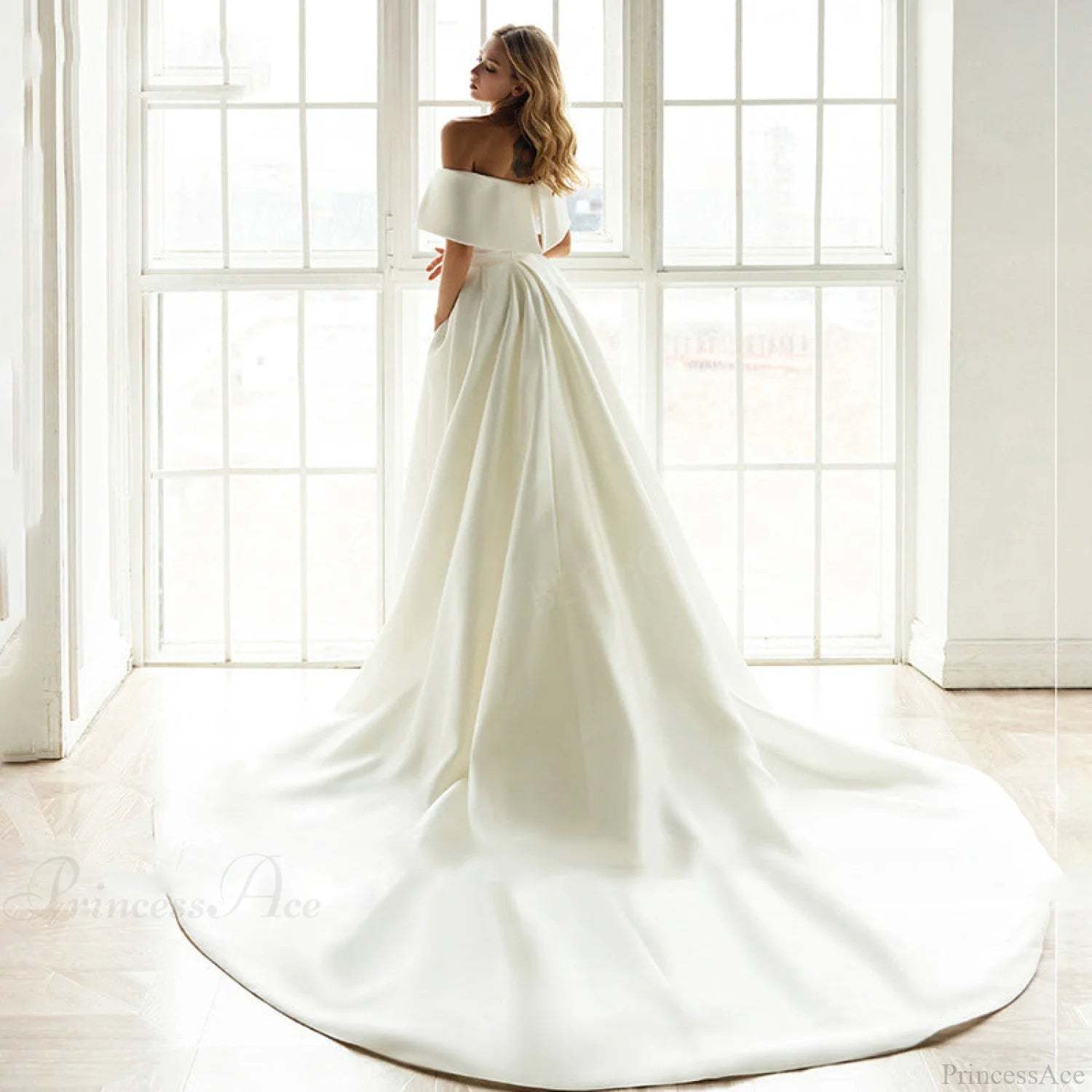 Off-Shoulder Satin Tail Wedding Dress weddingdress-250223