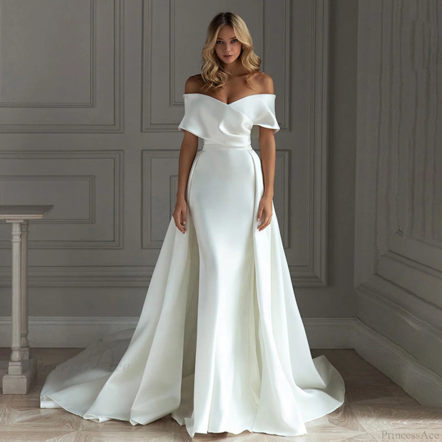 Off-Shoulder Satin Tail Wedding Dress weddingdress-250223