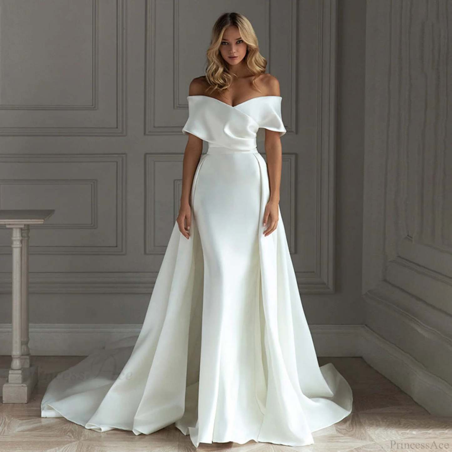Off-Shoulder Satin Tail Wedding Dress White / XS weddingdress-250223
