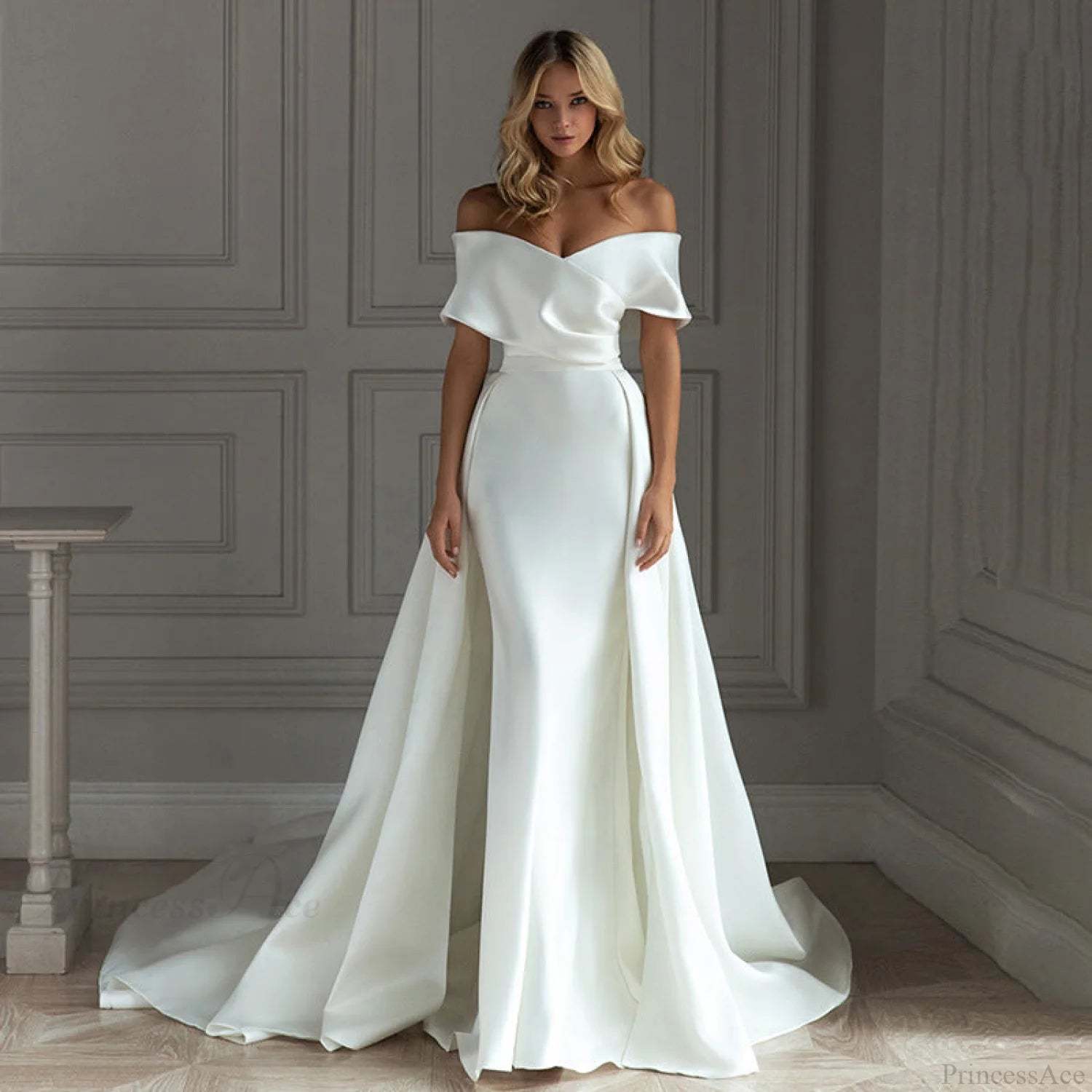 Off-Shoulder Satin Tail Wedding Dress White / XS weddingdress-250223