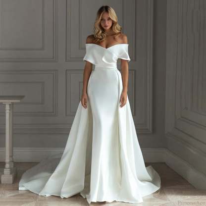 Off-Shoulder Satin Tail Wedding Dress weddingdress-250223