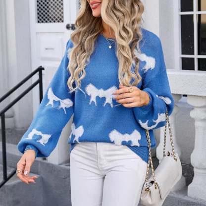 Oversize Bow Basic Print O-Neck White Thick Knitted Christmas Sweater Blue / S Sweaters-L