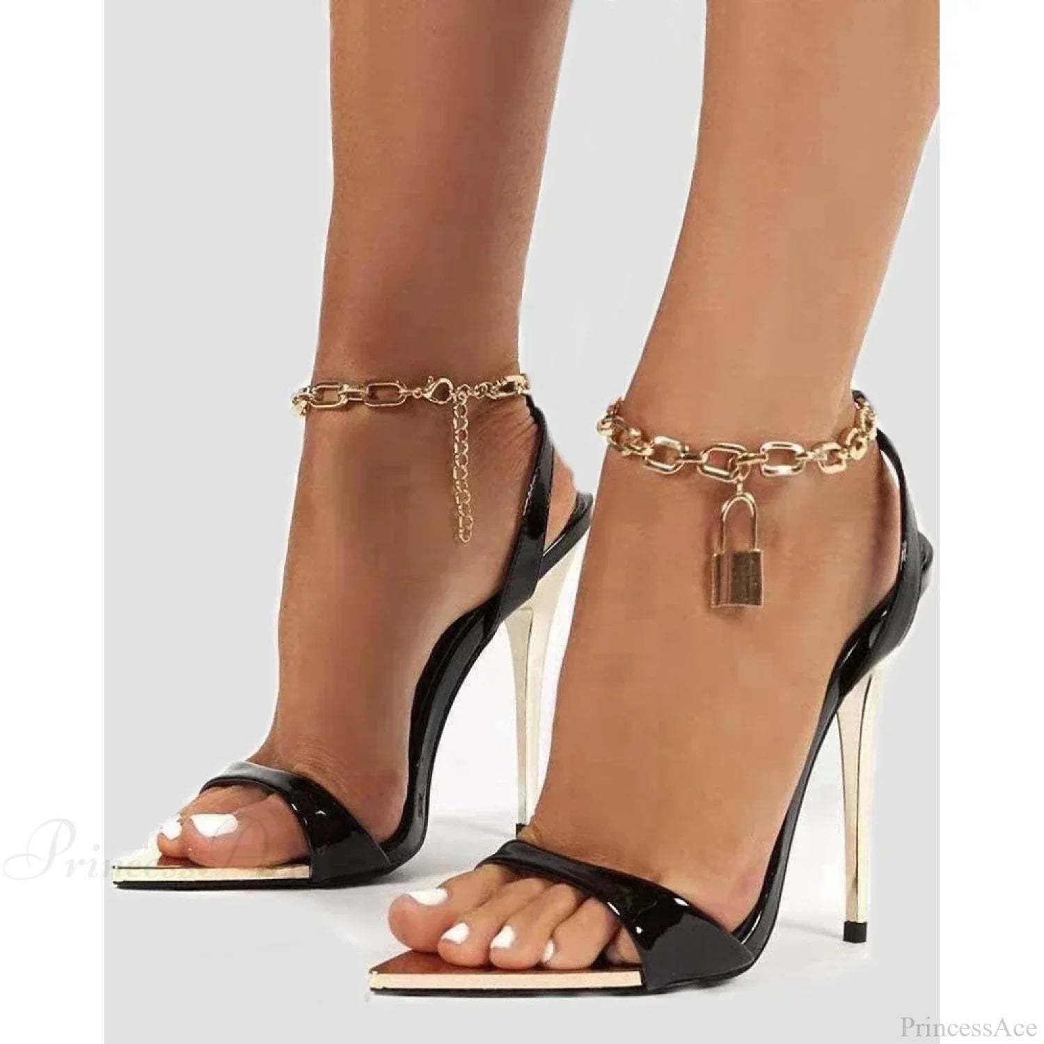 Party Ankle Chain Lock Decor Slingback High Heel Sandals Going Out Pointed Toe Thin Heeled Black /