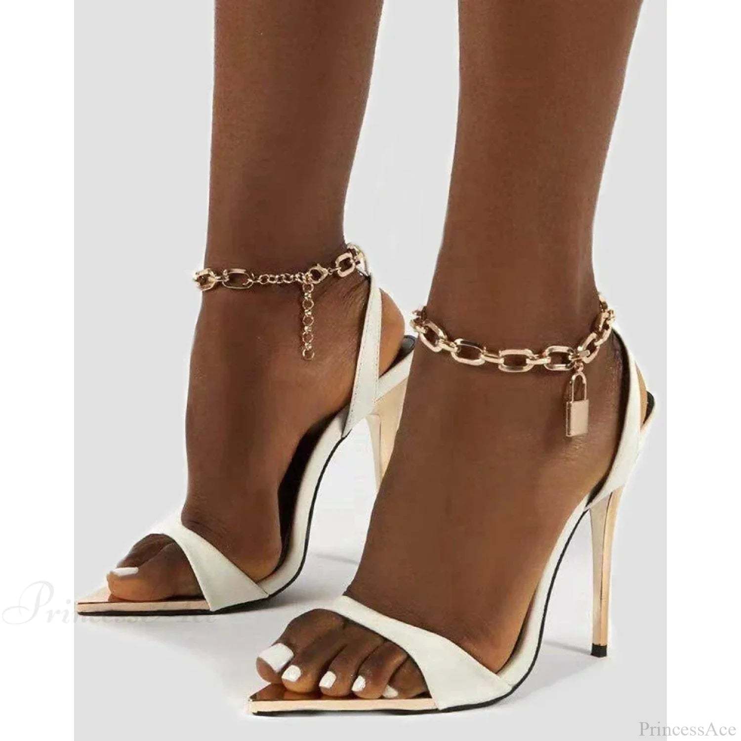 Party Ankle Chain Lock Decor Slingback High Heel Sandals Going Out Pointed Toe Thin Heeled White /