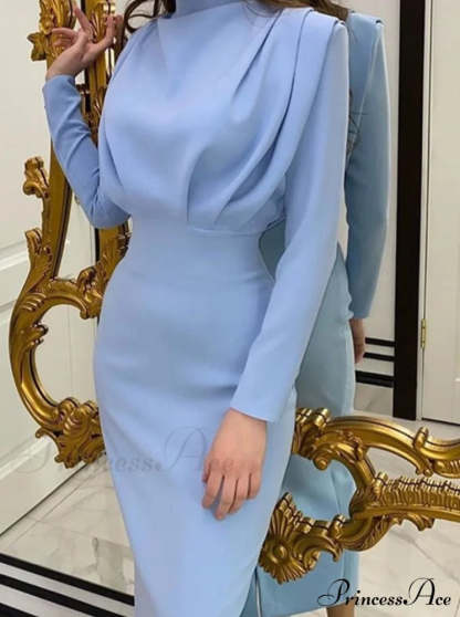 Party Solid Stand Neckline Blue Waist Long Women’s Autumn Slim Elegant Arm Ankle Length Dress / S