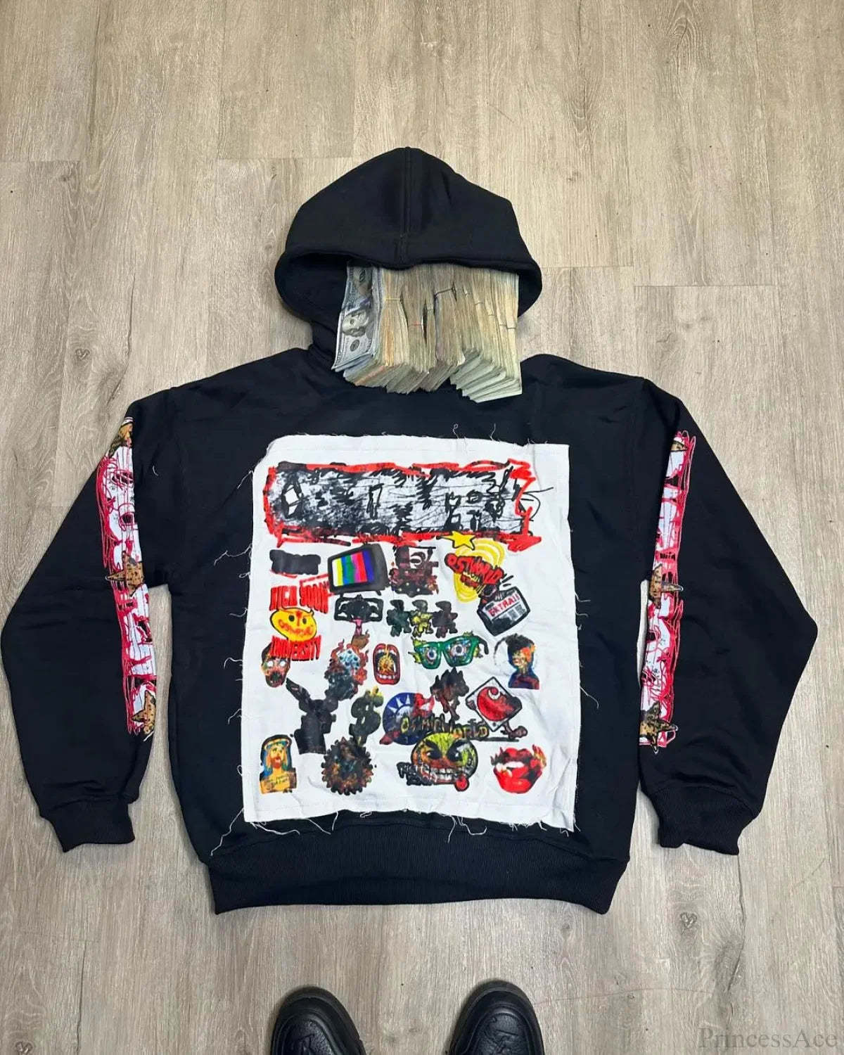 Patched Pullover Sweatshirt Hoodie black 1 / S