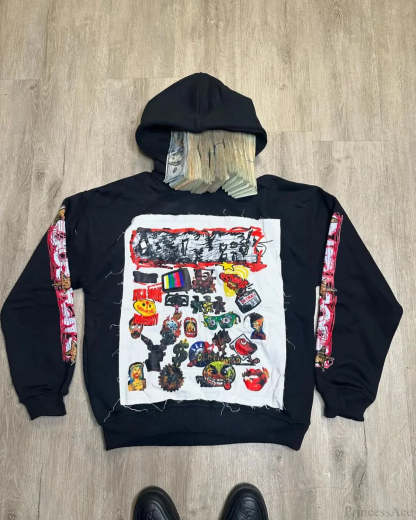 Patched Pullover Sweatshirt Hoodie black 1 / S