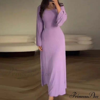 Patchwork Bandaged Round-Necked Slim-Fitted Long-Sleeved Street-Ready Ankle-Length Maxi Dress