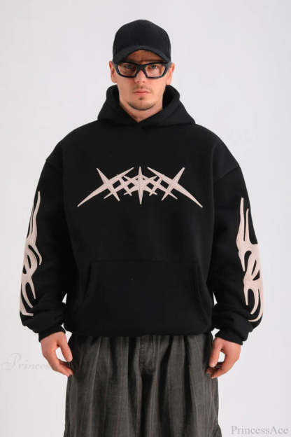 Pattern Patch Pullover Hoodie BLACK / M