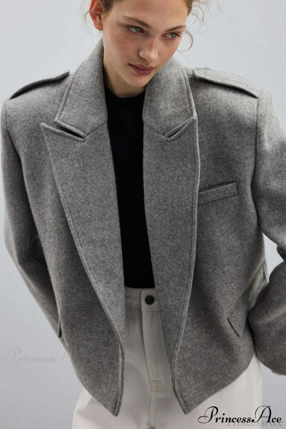 Peak Lapel Blazer Style Wool Loose Coat Grey / S