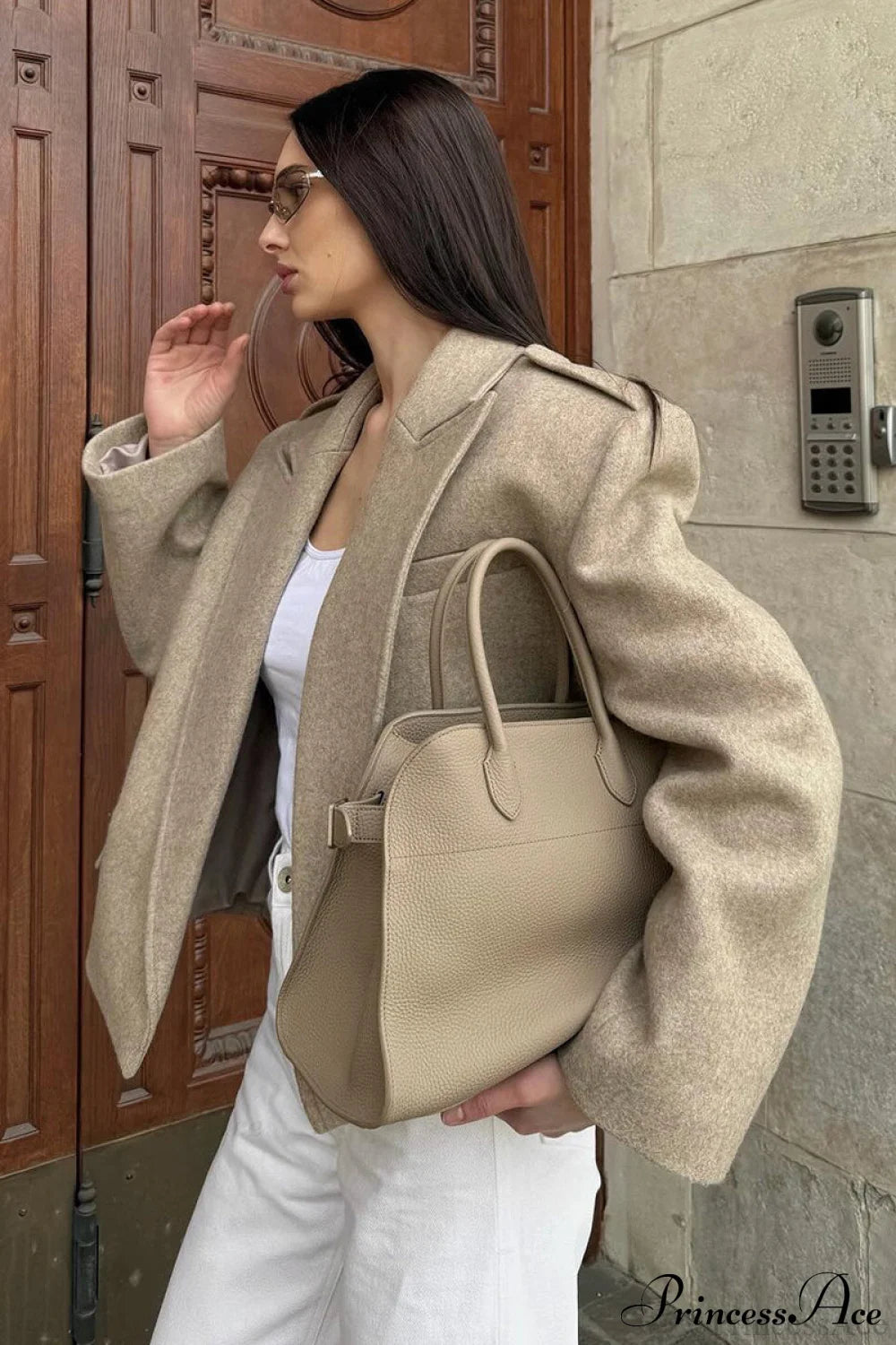 Peak Lapel Blazer Style Wool Loose Coat Khaki / S