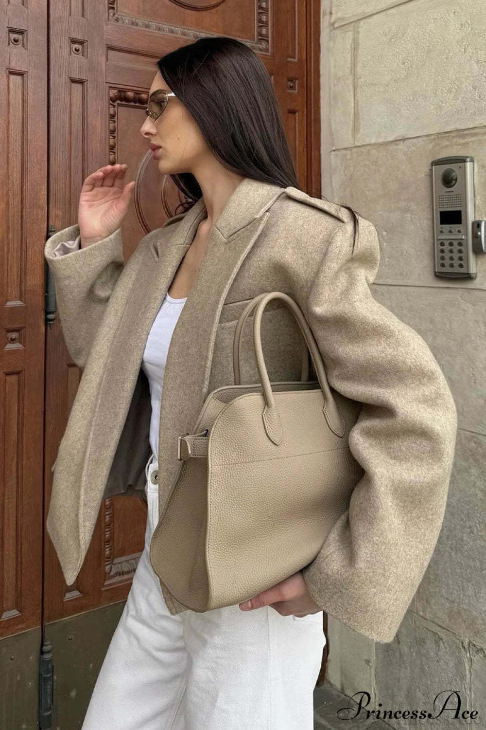 Peak Lapel Blazer Style Wool Loose Coat Khaki / S