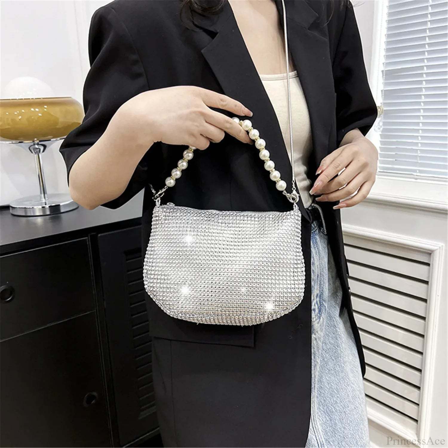 Pearl Rhinestone Delicate Shoulder Bag Party Handbag Silver handbag-250126