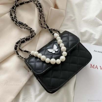 Pearl Shoulder Handbag PU Leather All-Match Tote Black handbag-250126