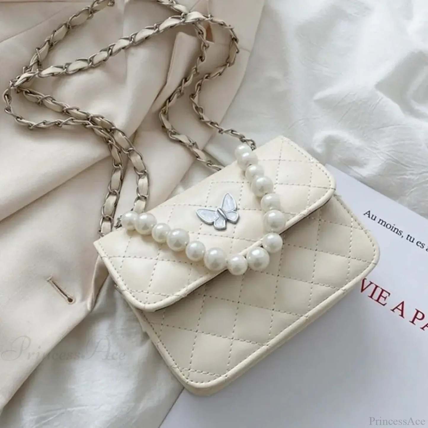 Pearl Shoulder Handbag PU Leather All-Match Tote White handbag-250126