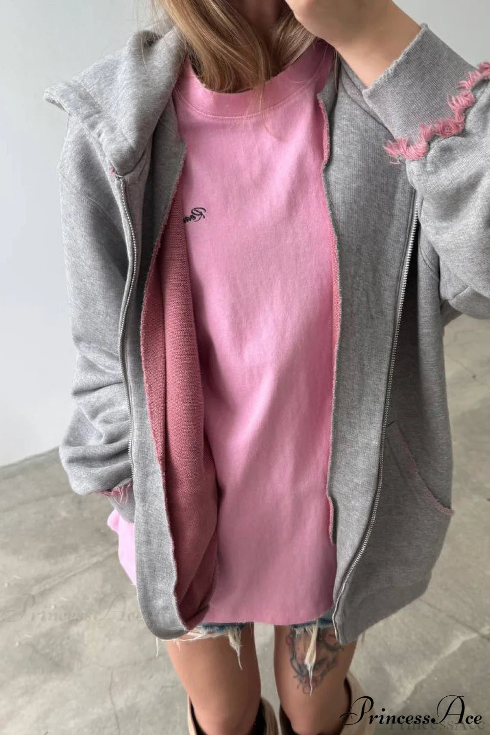 Pink Distressed Zip Loose Hoodie