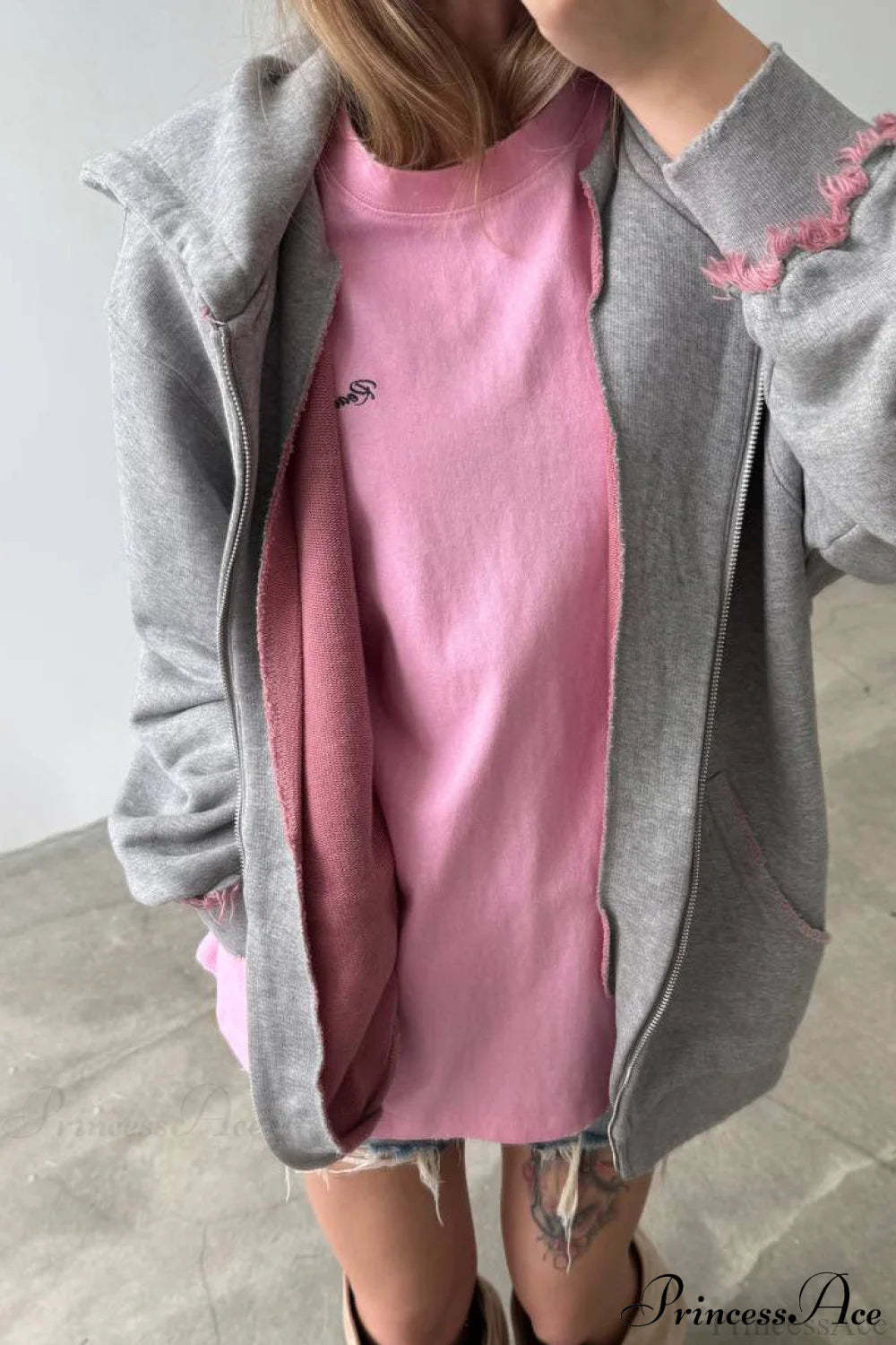 Pink Distressed Zip Loose Hoodie