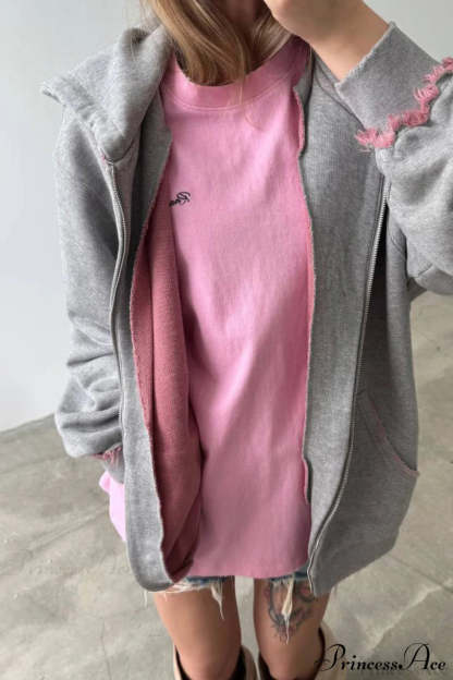 Pink Distressed Zip Loose Hoodie