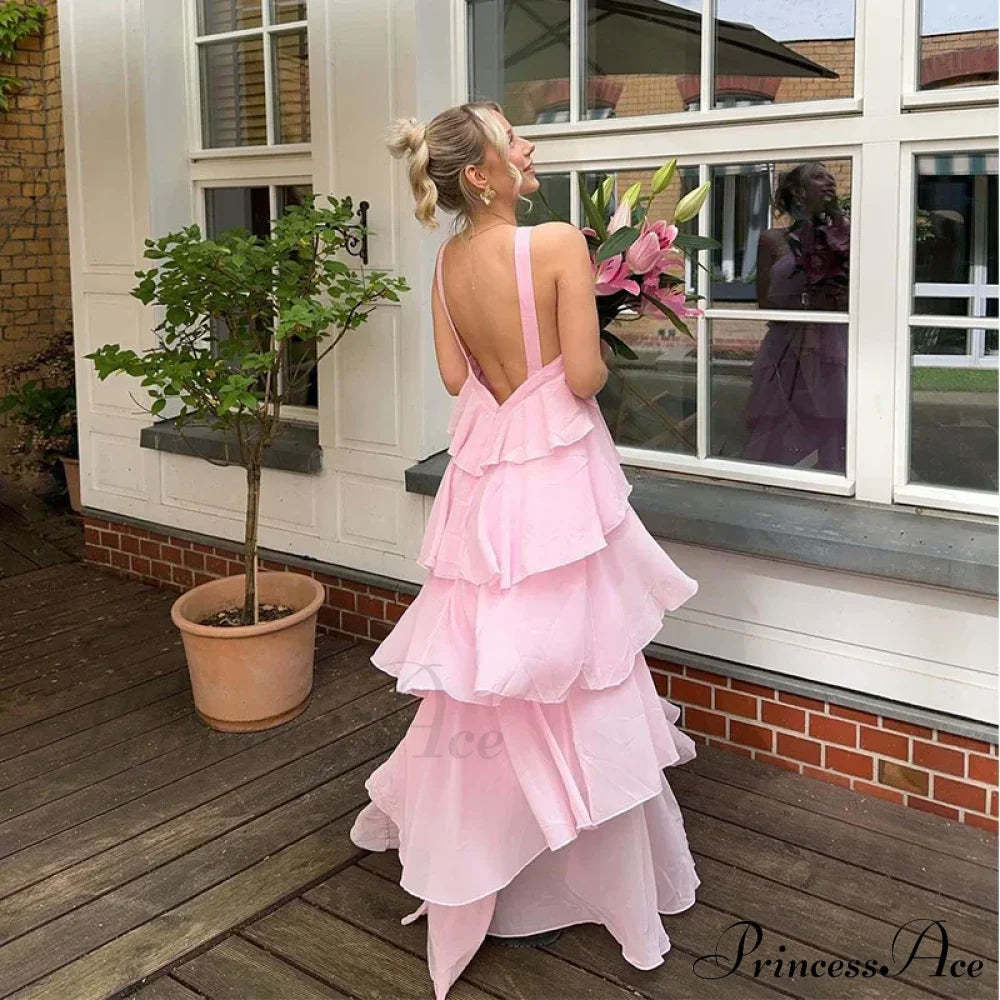 Pink Pleated Stylish Halter Maxi Dress Layered Ruffles Long