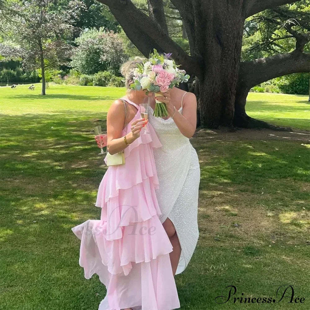 Pink Pleated Stylish Halter Maxi Dress Layered Ruffles Long