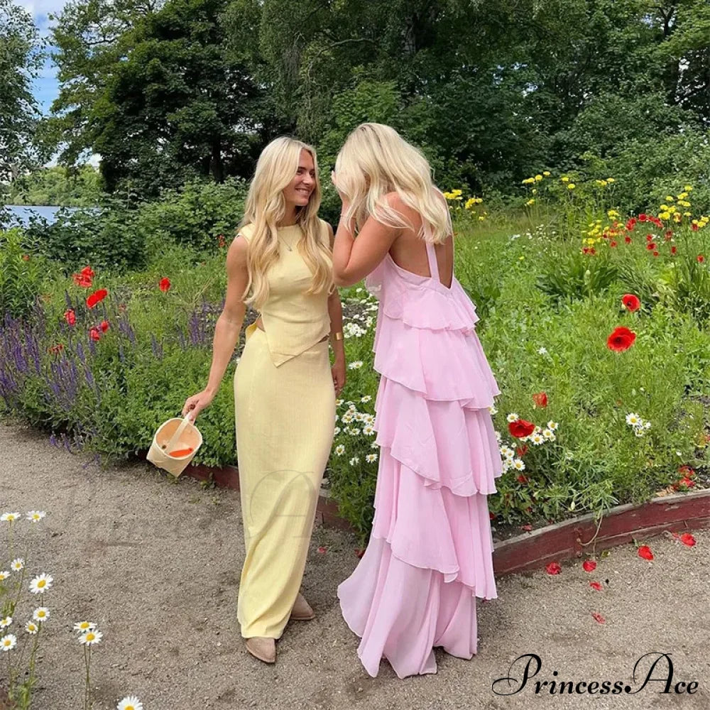 Pink Pleated Stylish Halter Maxi Dress Layered Ruffles Long