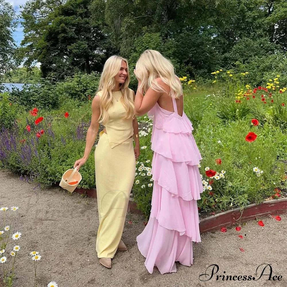 Pink Pleated Stylish Halter Maxi Dress Layered Ruffles Long