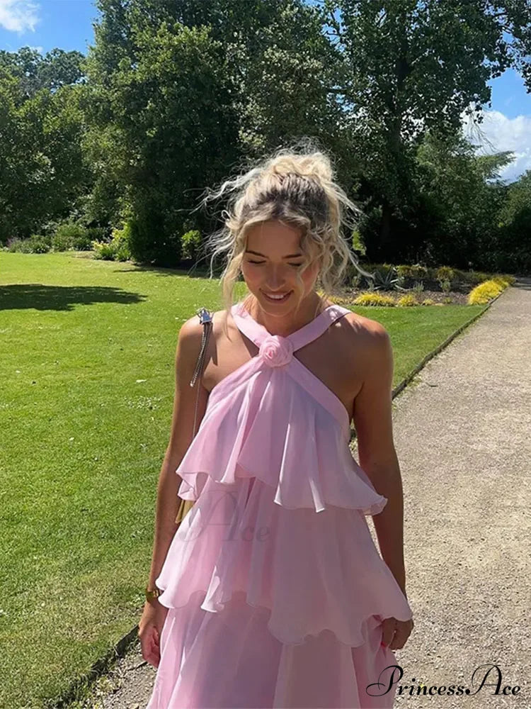 Pink Pleated Stylish Halter Maxi Dress Layered Ruffles Long