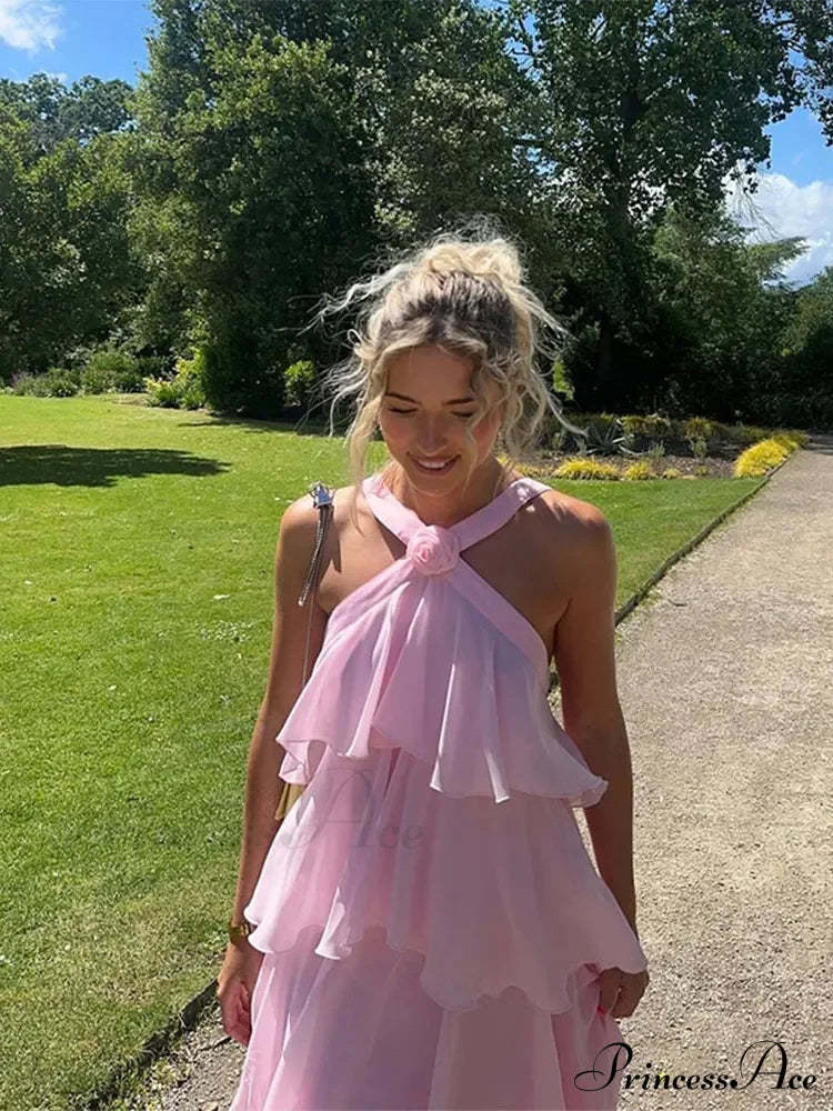 Pink Pleated Stylish Halter Maxi Dress Layered Ruffles Long