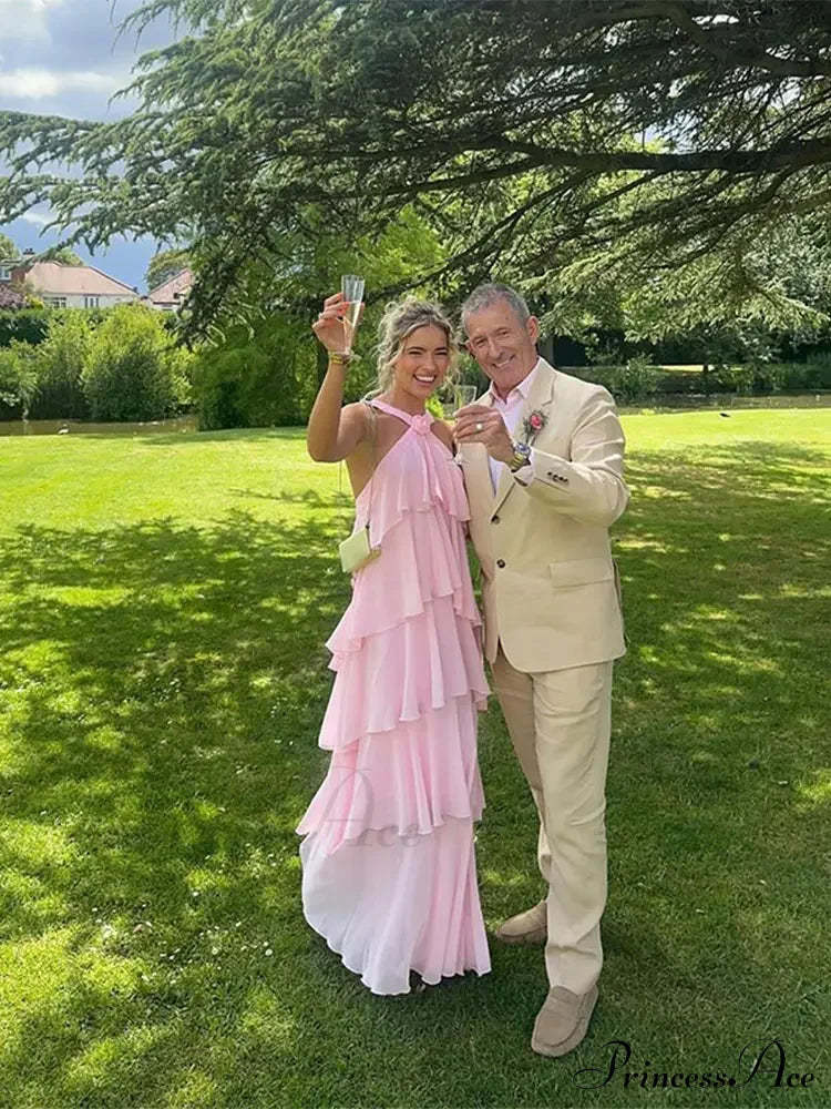 Pink Pleated Stylish Halter Maxi Dress Layered Ruffles Long