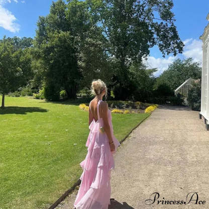 Pink Pleated Stylish Halter Maxi Dress Layered Ruffles Long