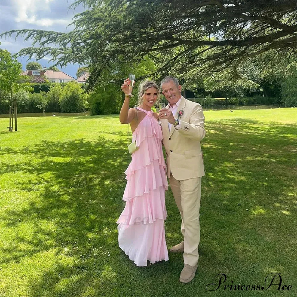 Pink Pleated Stylish Halter Maxi Dress Layered Ruffles Long