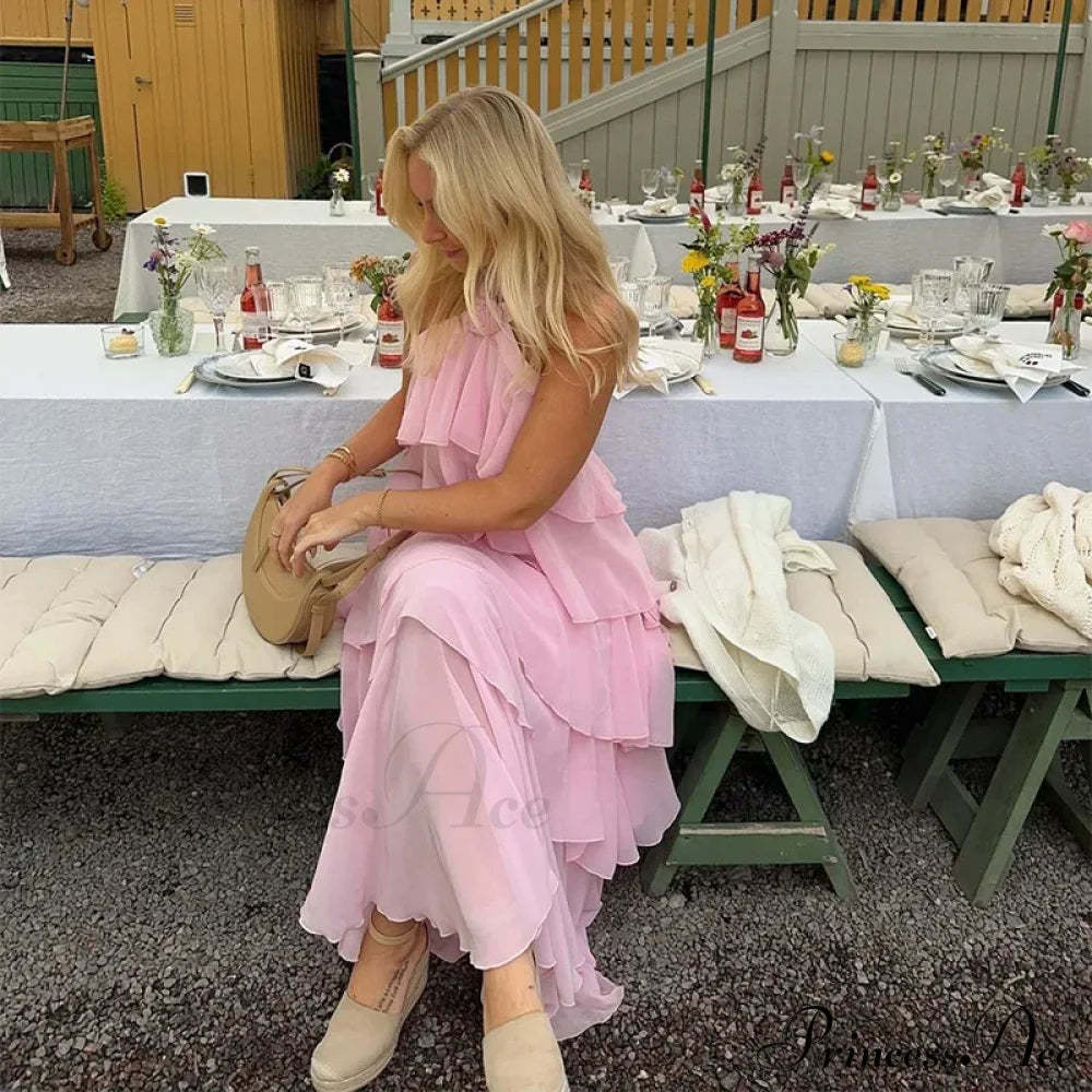 Pink Pleated Stylish Halter Maxi Dress Layered Ruffles Long