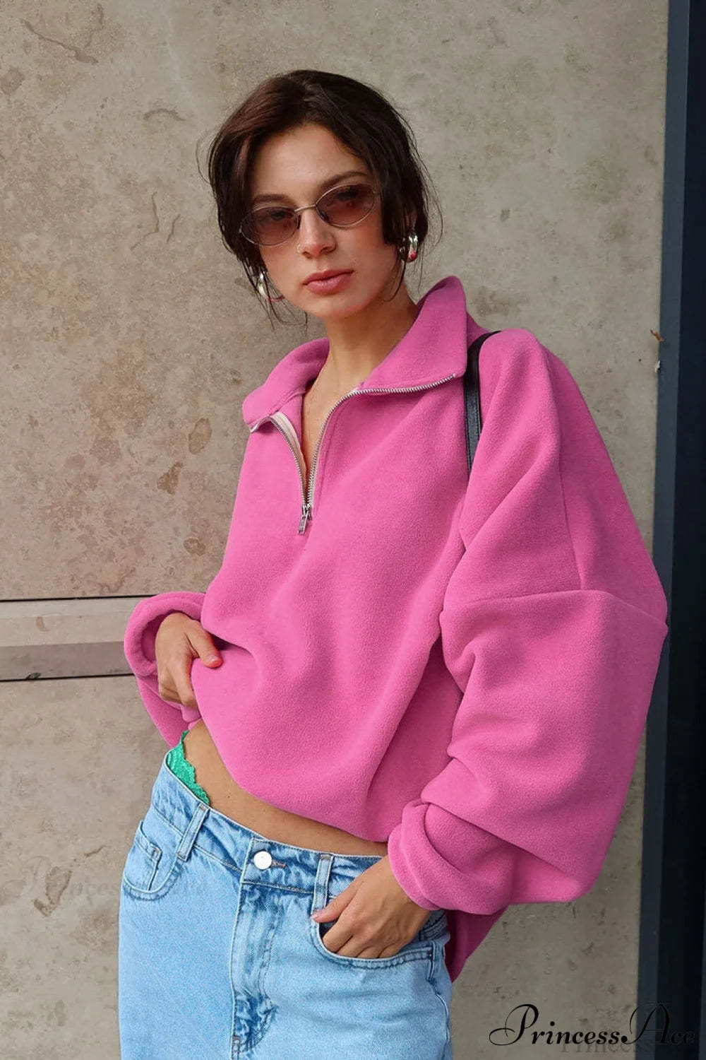 Pink Polar Fleece Loose Thickened Sweatshirt