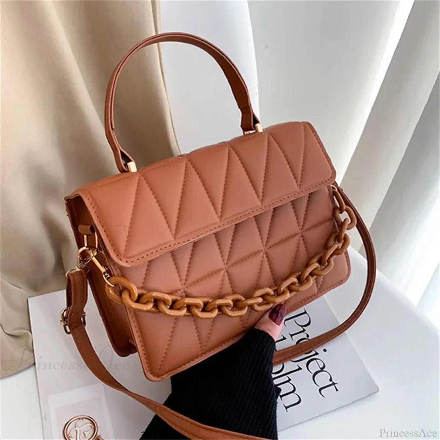Fashion PU Leather Square Crossbody Handbag Brown handbag-250126