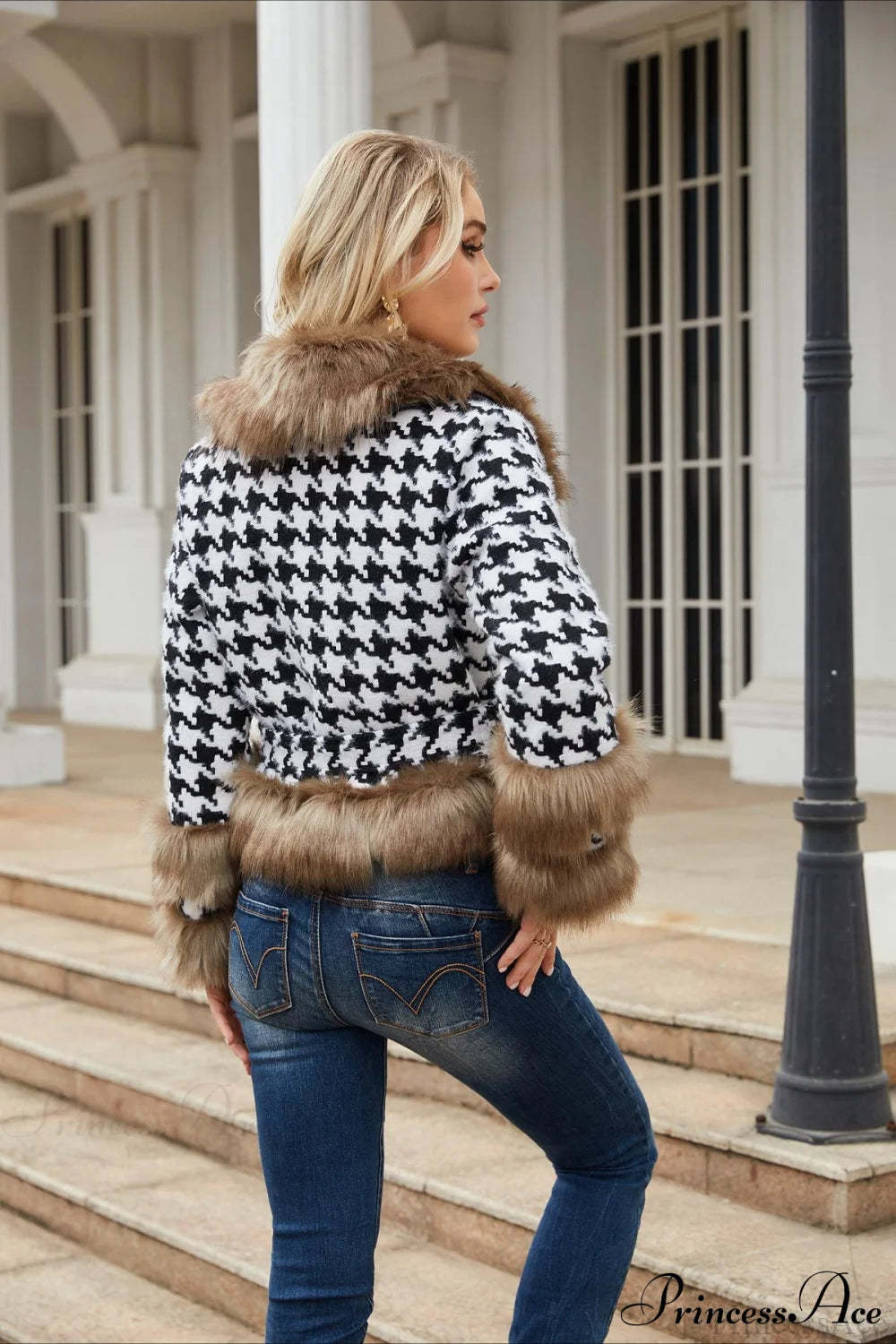 Plaid Detachable Fur Collar Short Coat