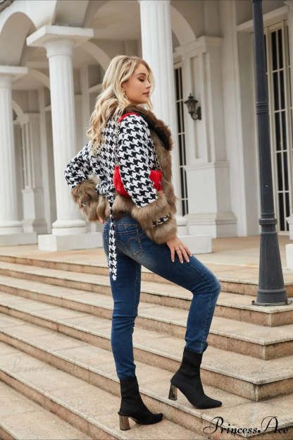 Plaid Detachable Fur Collar Short Coat