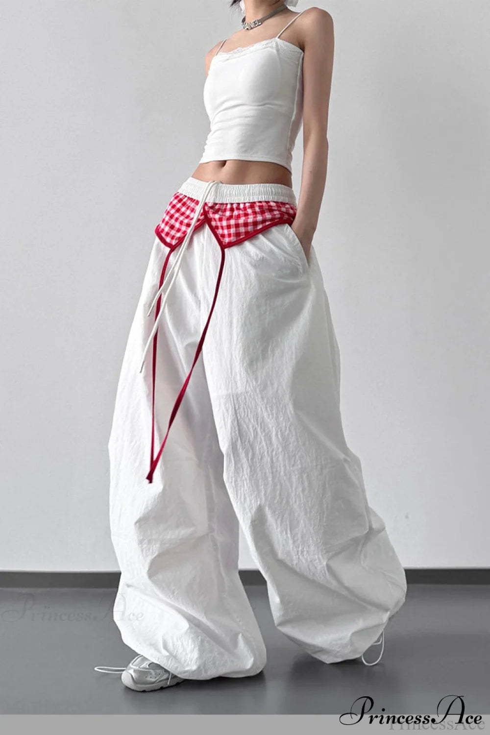 Plaid Pleated Layering Parachute Pants