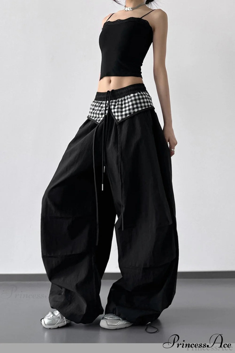 Plaid Pleated Layering Parachute Pants