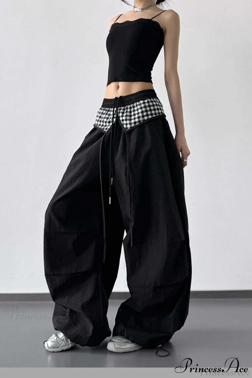 Plaid Pleated Layering Parachute Pants