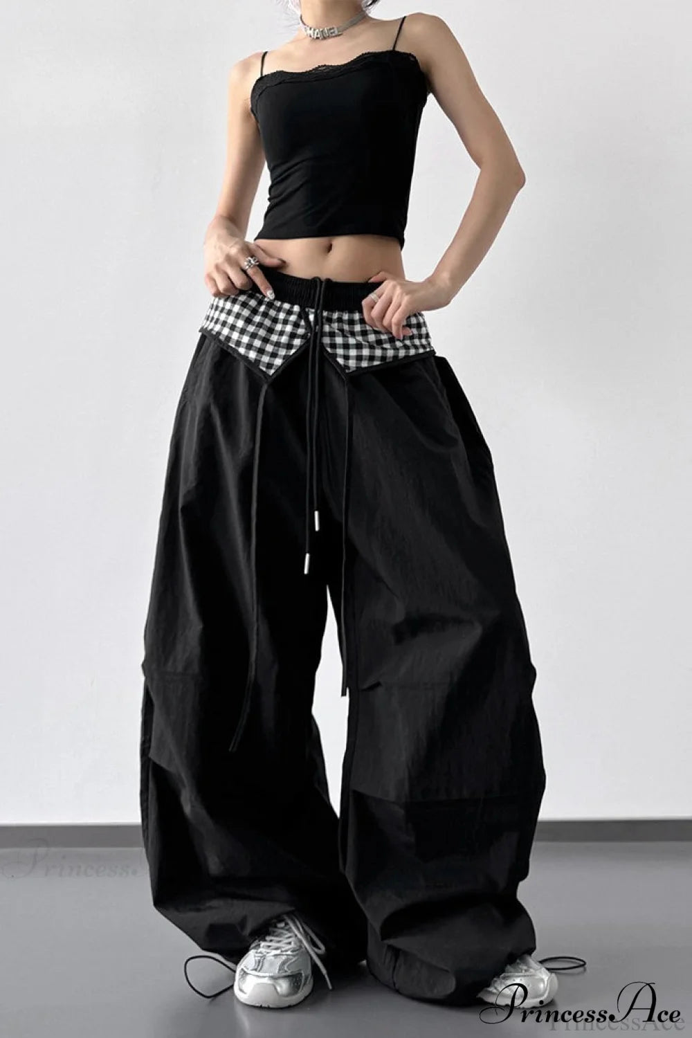 Plaid Pleated Layering Parachute Pants Black / S