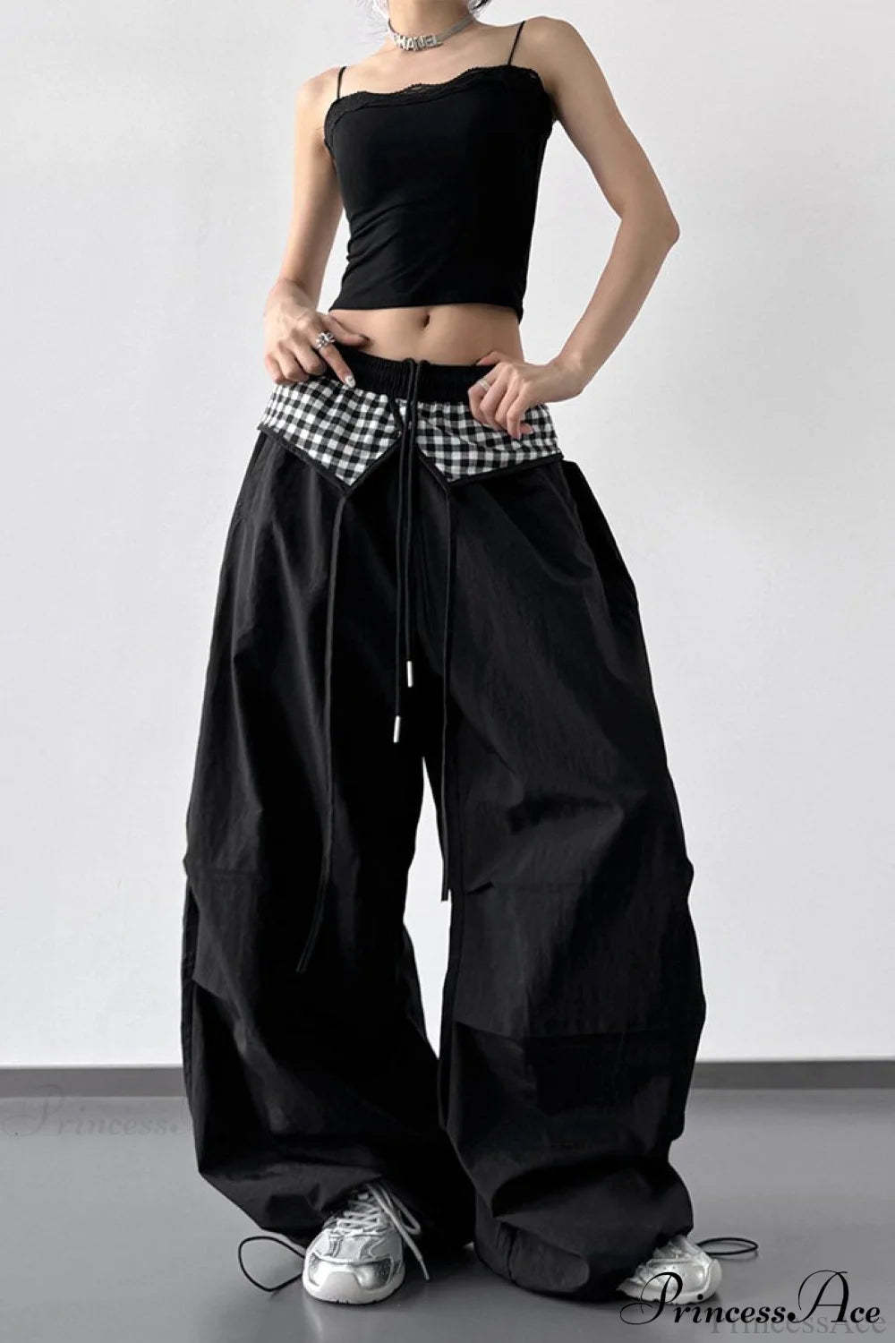 Plaid Pleated Layering Parachute Pants Black / S