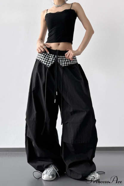 Plaid Pleated Layering Parachute Pants Black / S